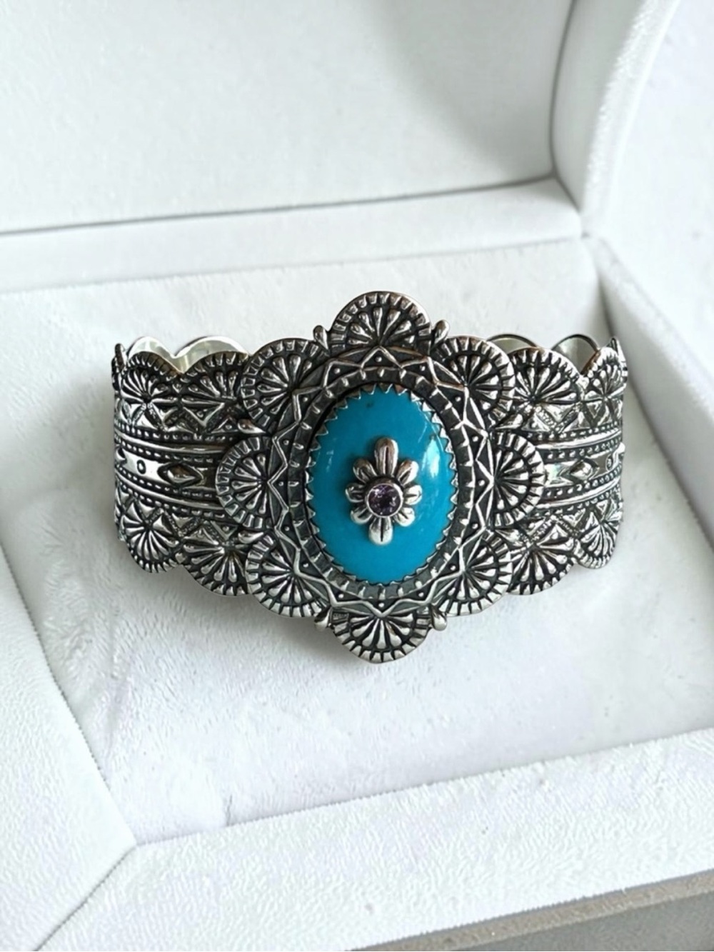 Carolyn Pollack 925 Sterling Silver Turquoise & Amethyst Ornate Cuff Bracelet 7”